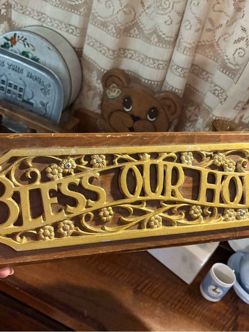 Vintage-Style 'Bless Our Home' Carved Wooden Plaque in Gold